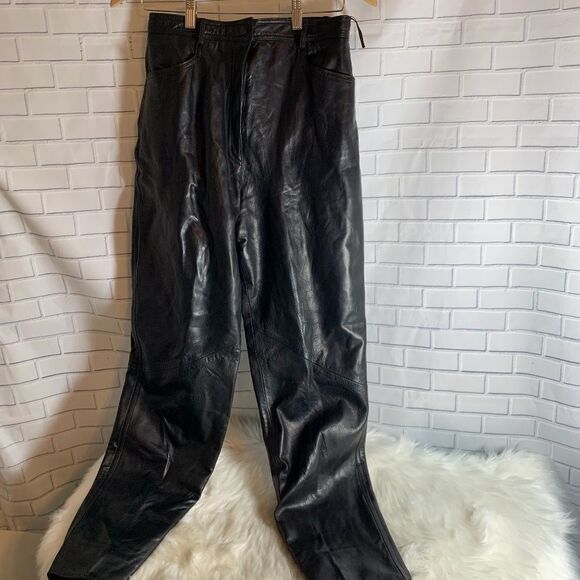 Vakko Black Leather High Waist Leather Pant 12 - Picture 1 of 3